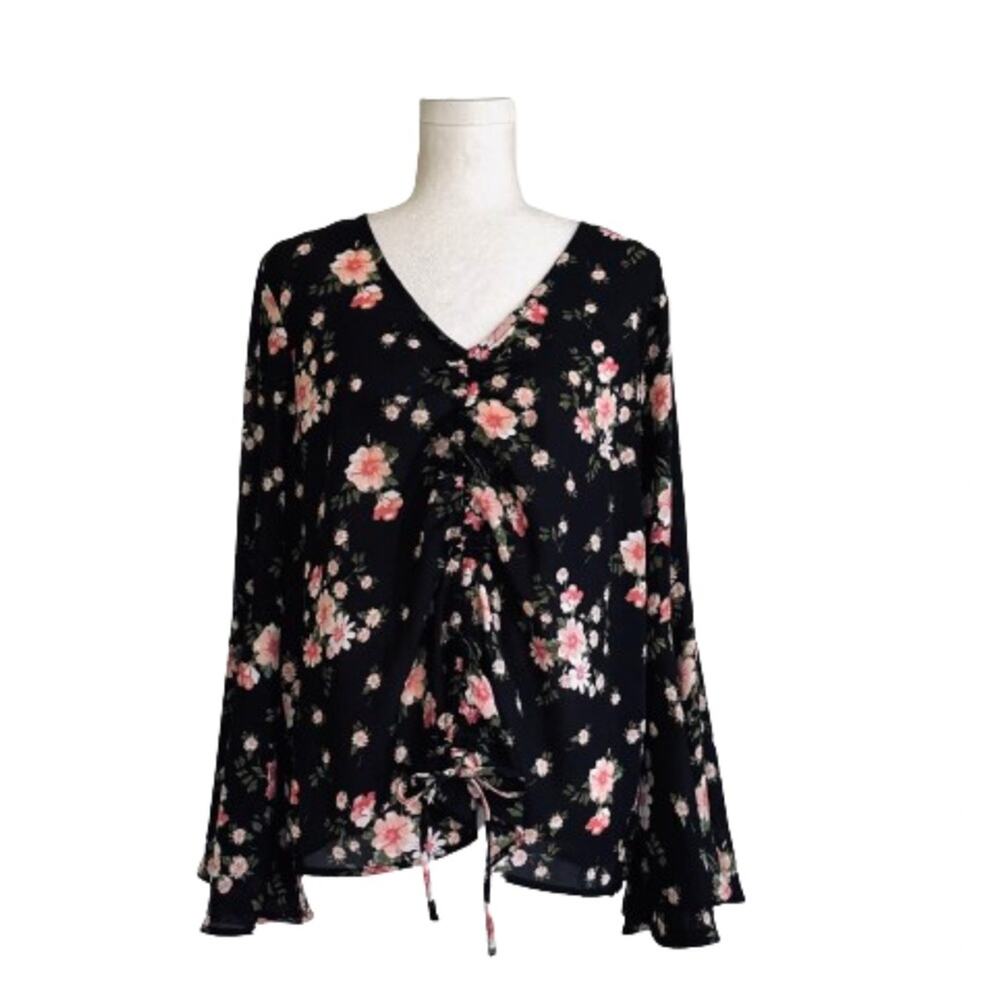 Planet Gold Top Blouse Black Pink Floral V-Neck Bell Sleeve Top Size 1X NEW